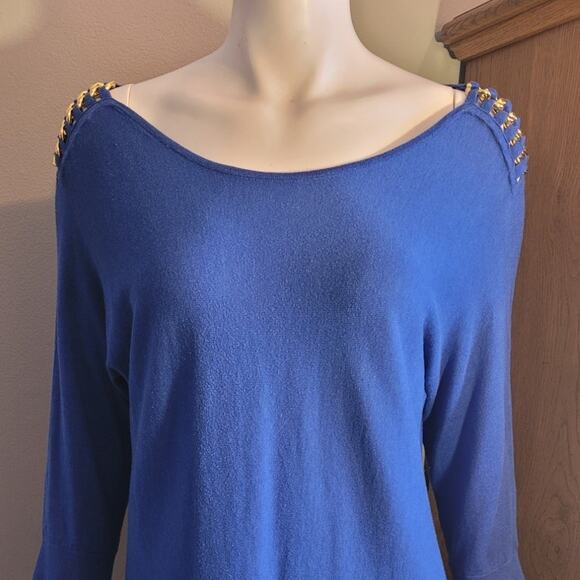 Michael Michael Kors Blue Oversized Sweater Medium Gold Chain Shoulder Logo Knit - Picture 2 of 12